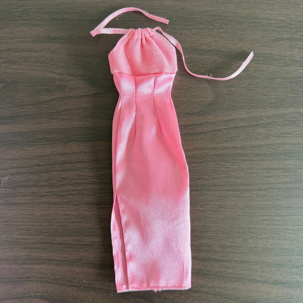 Vintage‎ Barbie Pink Satin Halter Gown Doll Dress Side Slit